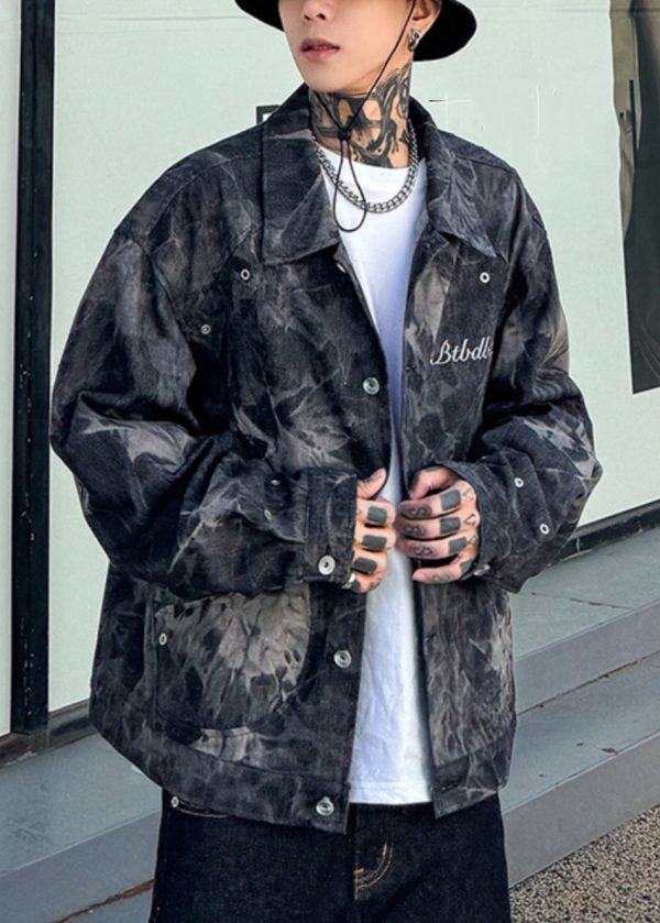 Chic Black Tie Dye Button Denim Mens Coats Spring For Cheap - Image 3