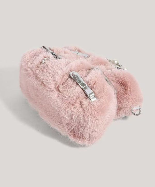 Fashion Pink Bow Zircon Fuzzy Fur Tote Handbag Supply - Image 5