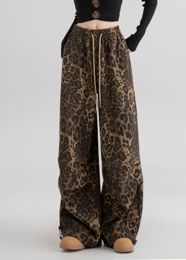 Natural Leopard Pockets Print Drawstring Straight Pants Spring Online Hot Sale - Image 2