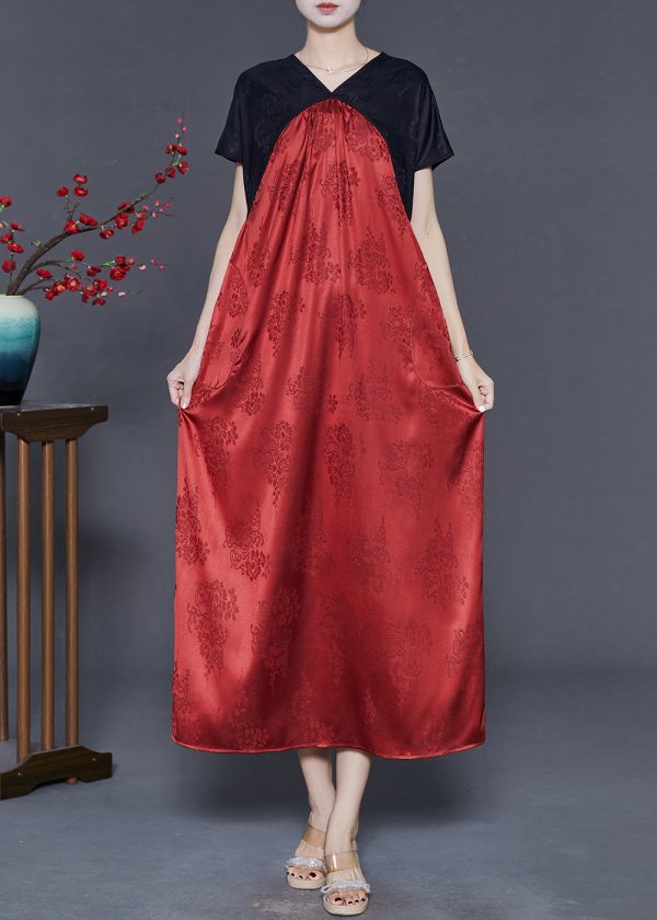 Boho Red V Neck Patchwork Silk Dresses Summer Fashion - Image 3