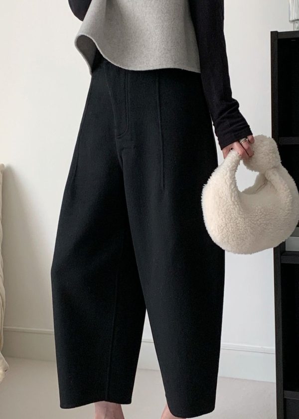Simple Grey Button High Waist Woolen Crop Pants Winter Online now - Image 2