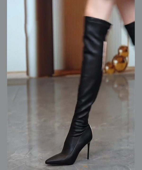 Fashion Black Zippered Splicing Stiletto Knee Boots Online now - Image 5