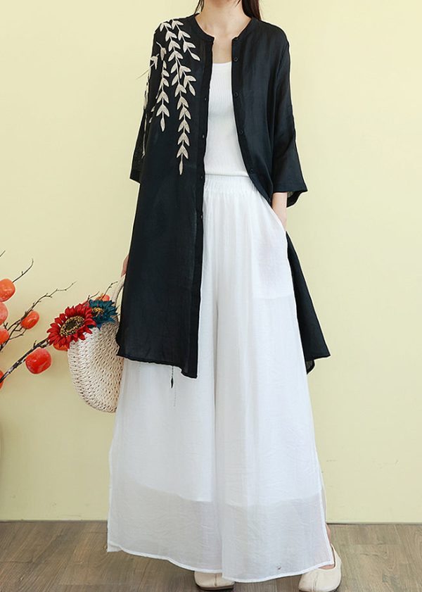 Beautiful Black Embroidered Linen Shirt Dresses Summer Cheap - Image 4