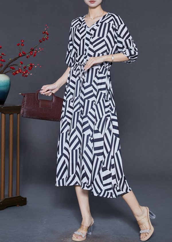 Bohemian Black Cinched Striped Chiffon Dress Summer Online now - Image 2