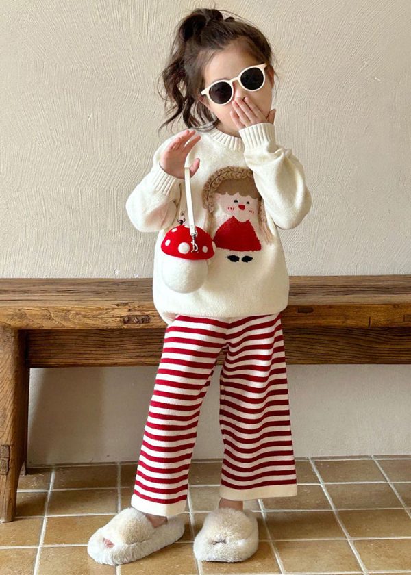 Lovely Beige O-Neck Character Kids Cotton Knit Sweaters And Flare Trousers Two Pieces Set Spring Discount