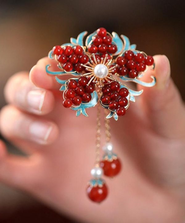 New Red Sterling Silver Overgild Pearl Crystal Tassel Brooches Hot on Sale - Image 4