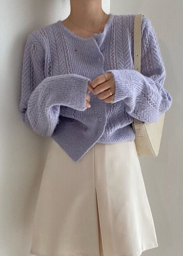 French Beige Double Breast Hollow Out Knit Top Spring Cheap - Image 4