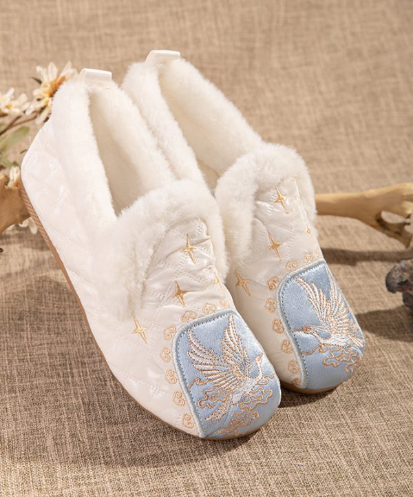 Pink Comfy Fuzzy Wool Lined Flat Shoes Embroidery For Sale - Image 4
