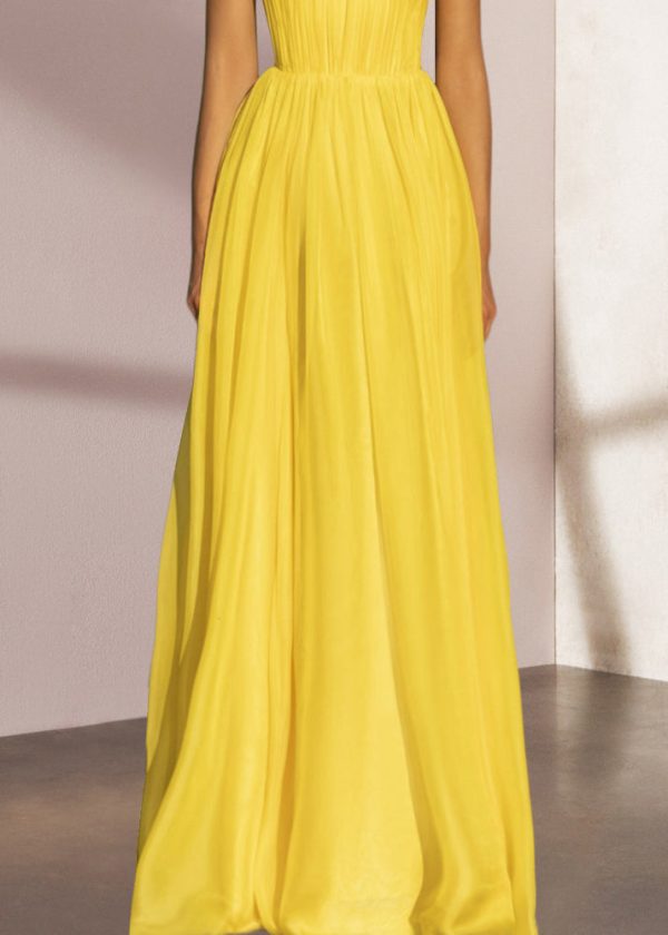 Stylish Yellow Backless Strapless Silk Spaghetti Strap Summer on Sale - Image 3