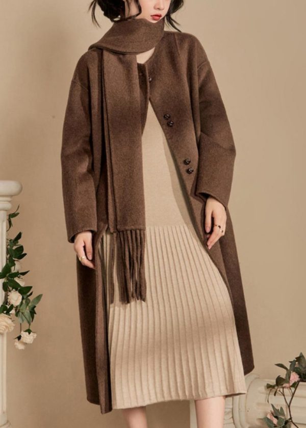 French Coffee Scarf Button Pockets Woolen Long Coats Winter For Cheap - Image 2