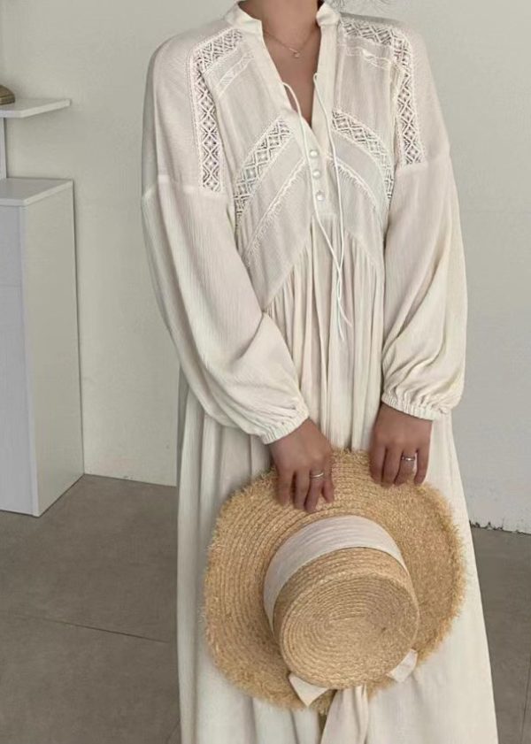Modern White V Neck Patchwork Lace Maxi Dresses Spring Fashion - Image 5