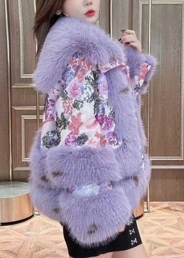 Art Purple Fluffy Sequins Patchwork Coats Winter Fashion - Image 3