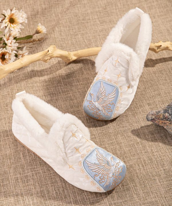 Pink Comfy Fuzzy Wool Lined Flat Shoes Embroidery For Sale - Image 2