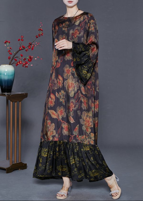 Plus Size Black Oversized Patchwork Print Silk Maxi Dresses Flare Sleeve For Cheap - Image 3