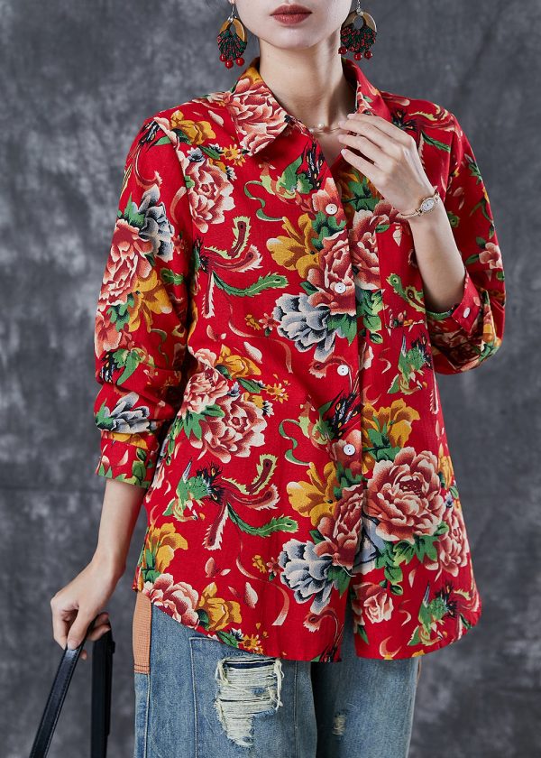 DIY Red Oversized Print Cotton Blouse Top Spring Sale - Image 2