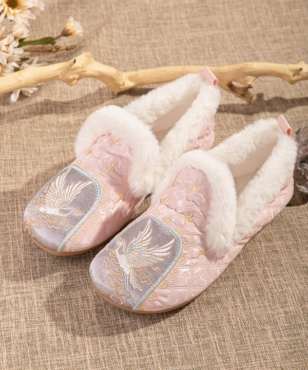 Pink Comfy Fuzzy Wool Lined Flat Shoes Embroidery For Sale - Image 3