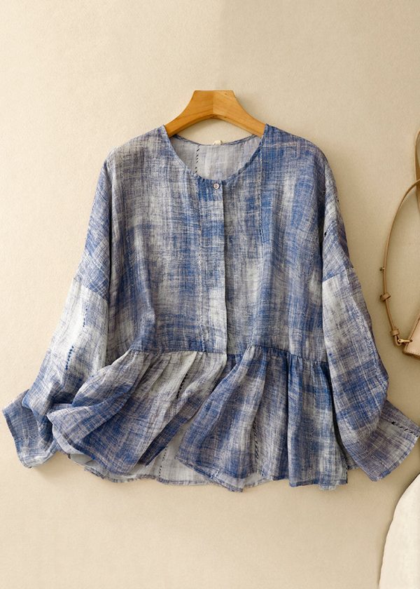 Plus Size Blue O Neck Tie Dye Patchwork Cotton Shirts Spring Online Hot Sale