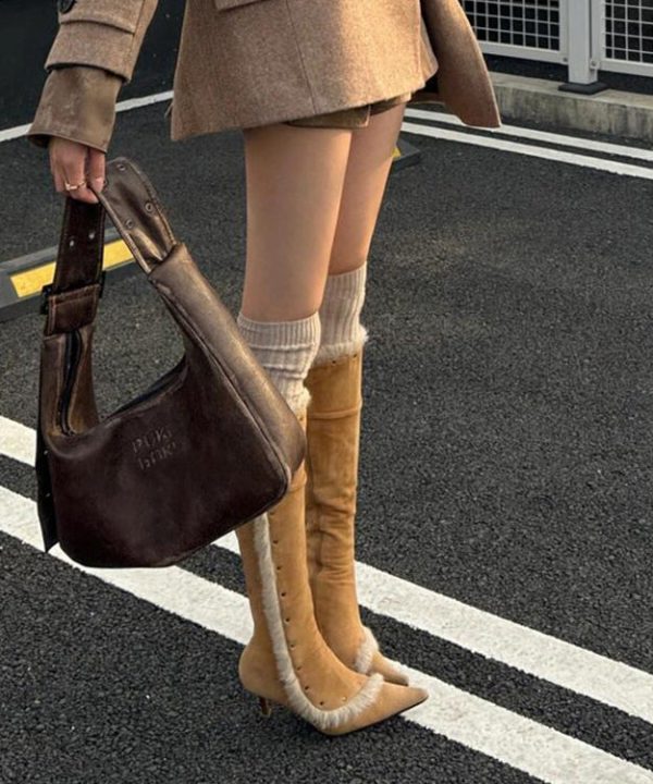 Fine Splicing Stiletto Boots Yellow Suede Fuzzy Wool Lined Pointed Toe For Sale - Image 5