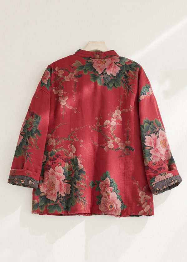 Bohemian Red Pockets Print Lace Up Fine Cotton Filled Coat Spring Discount - Image 2
