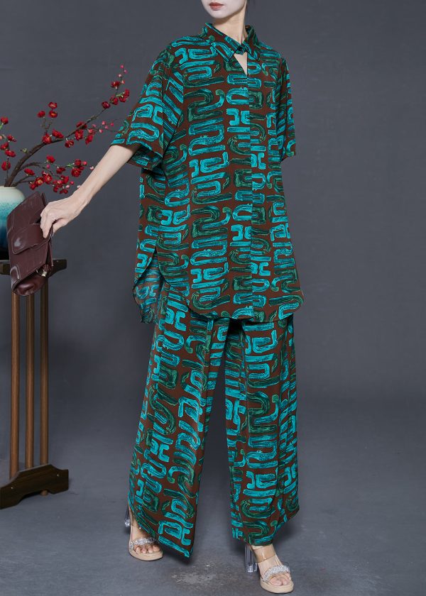 Art Blackish Green Oversized Print Chiffon Two Pieces Set Summer For Cheap - Image 2