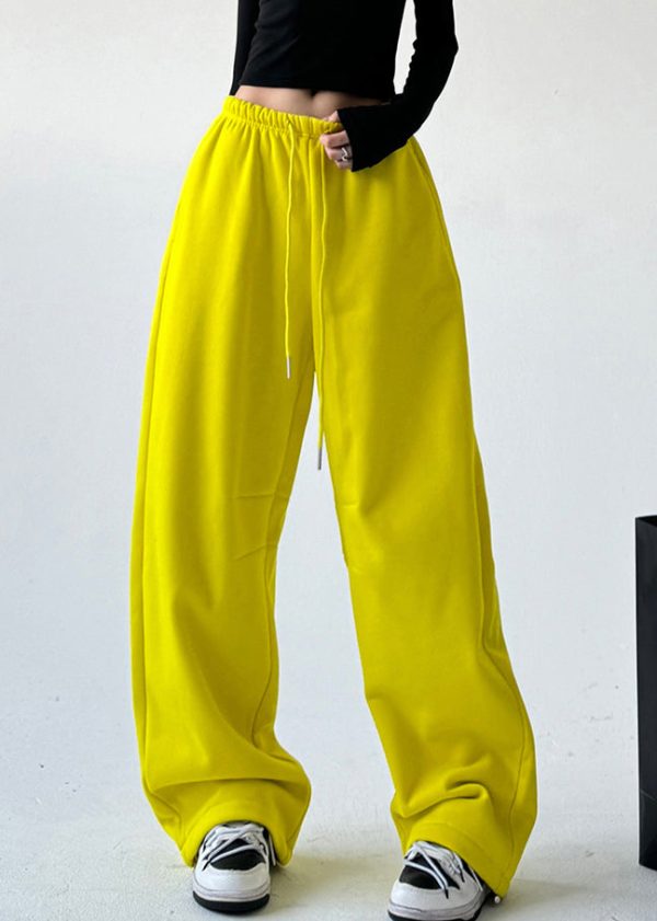 Fashion Yellow Patchwork Elastic Waist Warm Fleece Straight Pants Spring Supply - Image 3