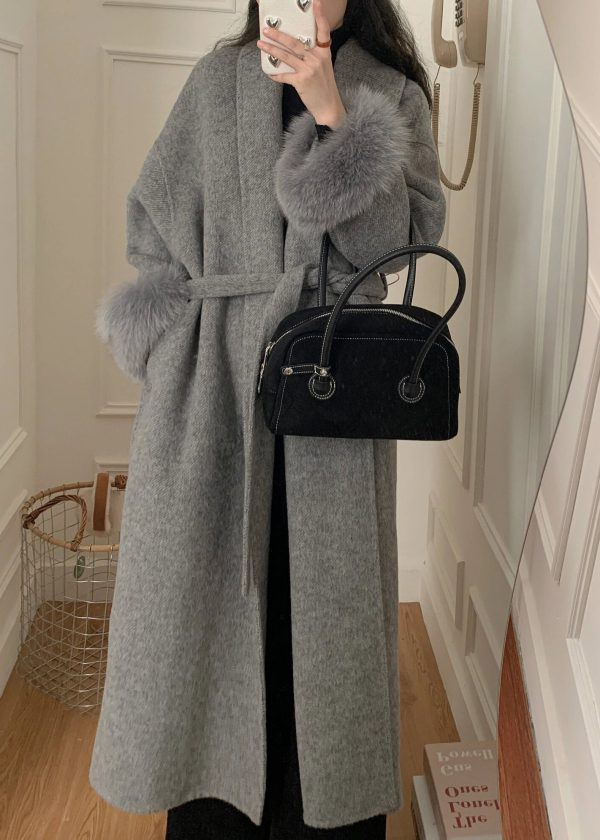 Fashion Grey Fox Fur Patchwork Woolen Duster Coat Winter For Cheap - Image 5