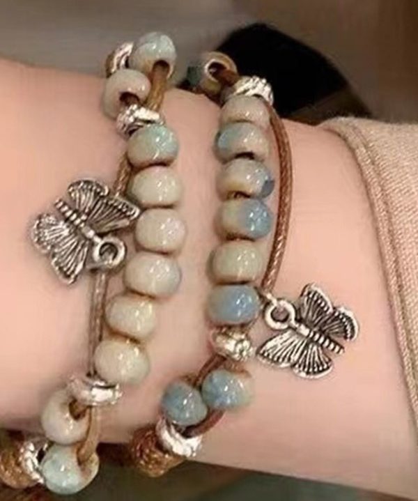 Casual Alloy Weaving Ceramic Butterfly Charm Bracelet Two Piece Set For Sale - Image 4