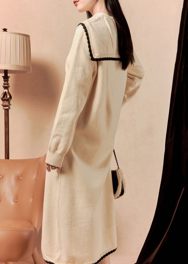 Elegant Beige Sailor Collar Button Knit Dress Winter Cheap - Image 5