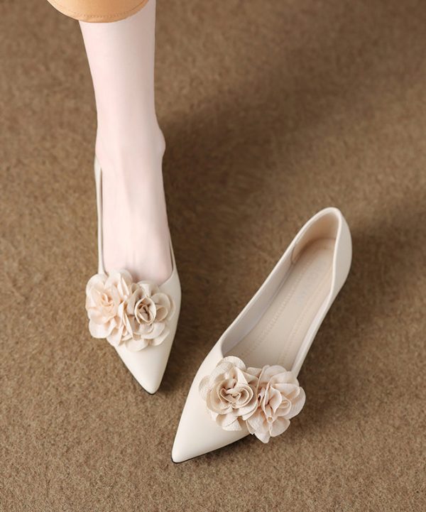 Beige Faux Leather Flat Feet Shoes Splicing Floral Pointed Toe Discount