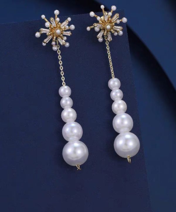 Stylish Gold Alloy Zircon Pearl Fireworks Tassel Drop Earrings Online Sale - Image 5