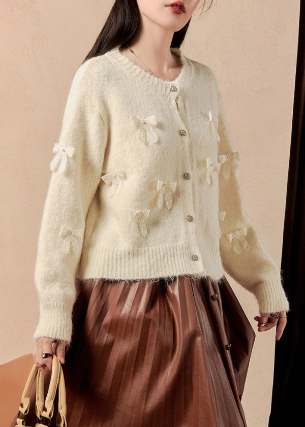 Elegant White Button Bow Patchwork Cotton Knit Sweaters Winter Online now - Image 4