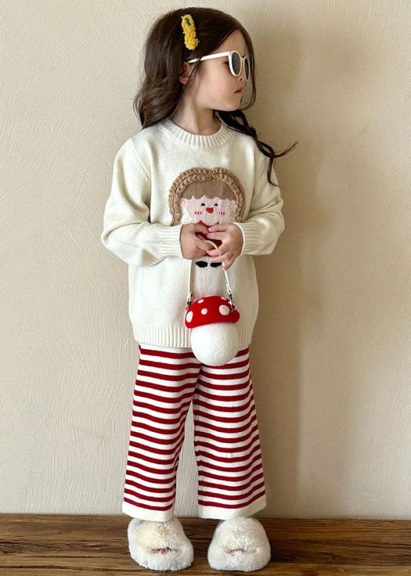 Lovely Beige O-Neck Character Kids Cotton Knit Sweaters And Flare Trousers Two Pieces Set Spring Discount - Image 3