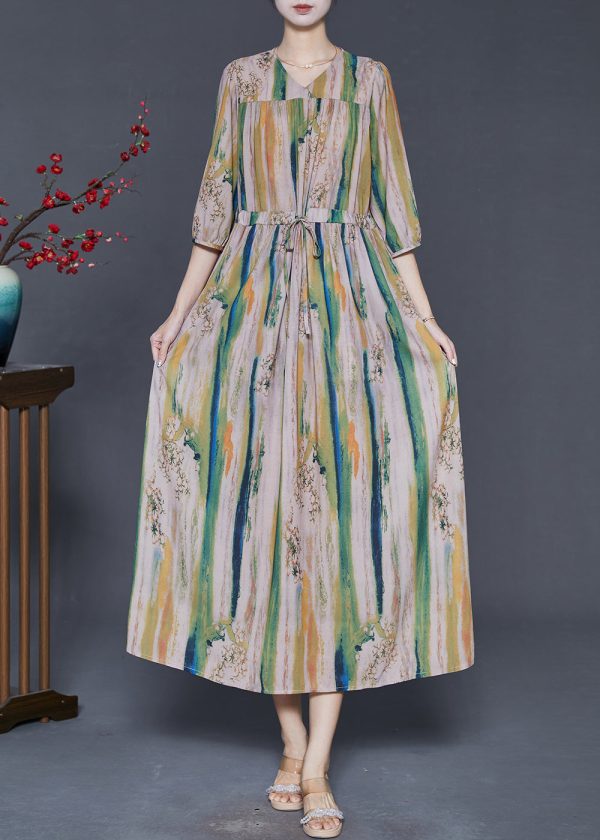 Vintage Khaki Cinched Print Silk Dress Summer on Sale