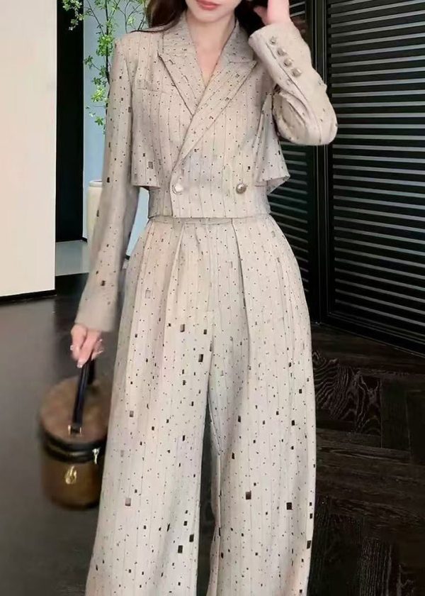 Stylish Grey Notched Print Top And Wide Leg Pants Two Pieces Set Spring For Discount