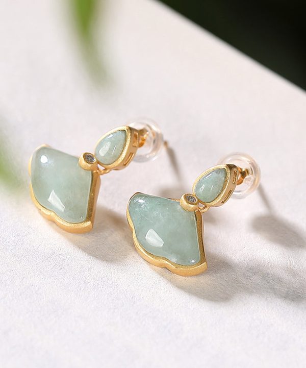 Original Design Cyan Sterling Silver Overgild Zircon Jade Ginkgo Leaf Stud Earrings Sale - Image 4