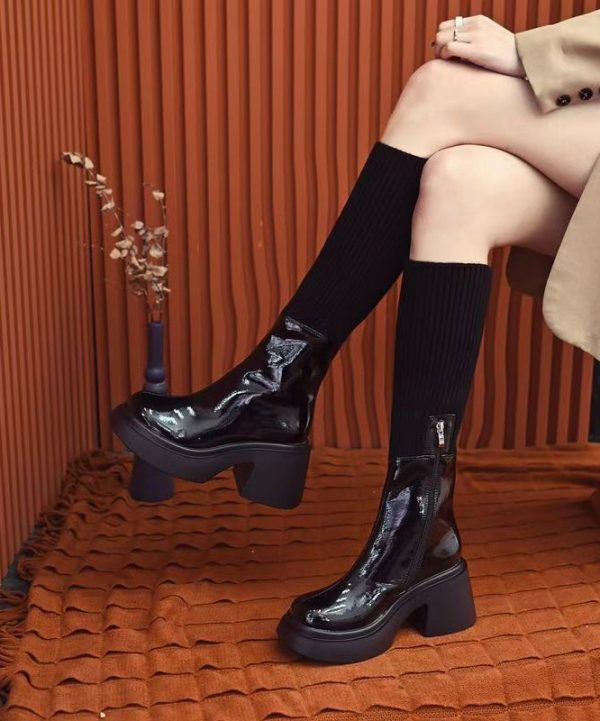 New Orange Faux Leather Splicing Chunky Heel Boots Discount - Image 4
