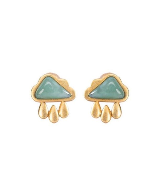Vogue Green Sterling Silver Overgild Jade Cloud Water Drop Stud Earrings Fashion - Image 5