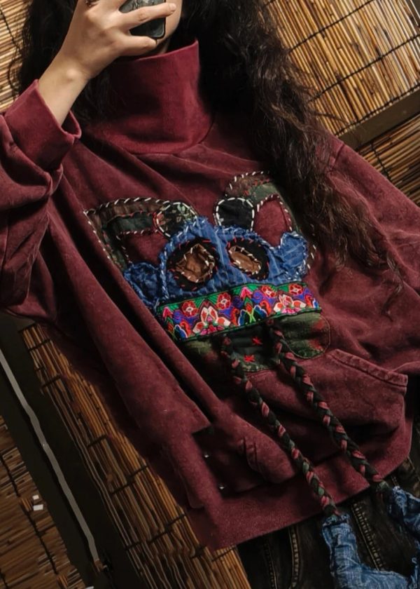 Bohemian Mulberry Hign Neck Embroidered Cotton Sweatshirts Spring For Discount - Image 5
