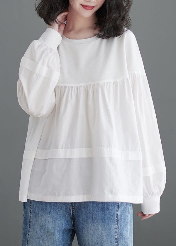 White Loose Patchwork Cotton Blouse Top O Neck Puff Sleeve on Sale - Image 3