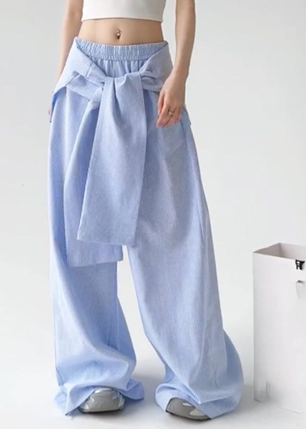 Boho Blue Tie Waist Detachable Striped Straight Pants Spring Online now - Image 3