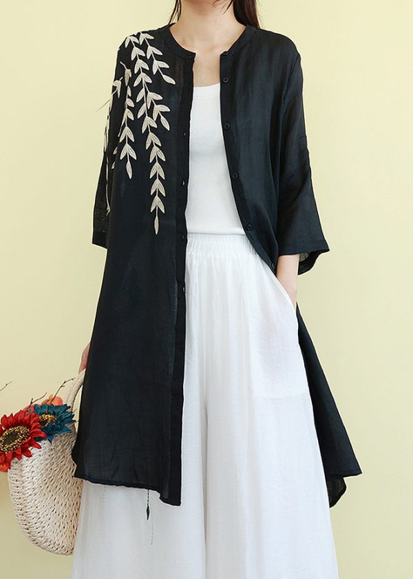 Beautiful Black Embroidered Linen Shirt Dresses Summer Cheap - Image 3