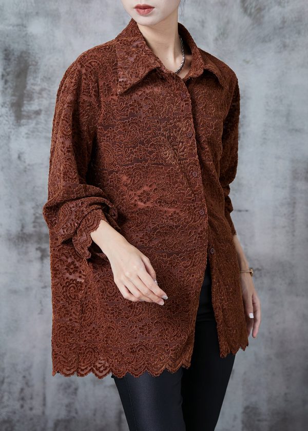 Beautiful Caramel Embroidered Lace Shirt Tops Spring on Sale - Image 3