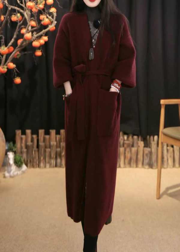 Loose Wine Red V Neck Pockets Tie Waist Knit Cardigans Winter Online - Image 2