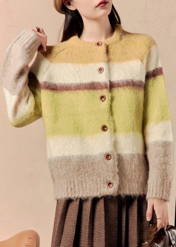 Chic Yellow Striped Button Patchwork Cotton Knit Sweaters Winter Online now - Image 2