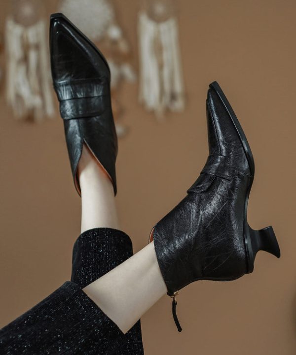 Black Boots Kitten Sheepskin French Splicing Pointed Toe Sale - Image 5