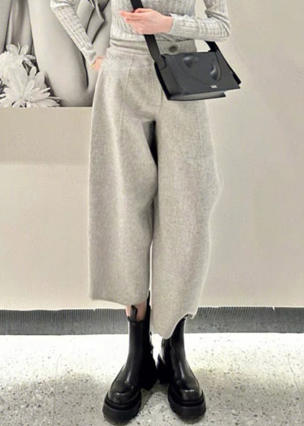 Simple Grey Button High Waist Woolen Crop Pants Winter Online now - Image 3