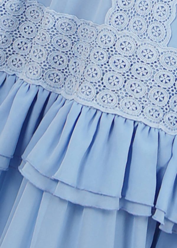 Boutique Blue V Neck Ruffled Lace Patchwork Silk Dress Spring Online Sale - Image 3