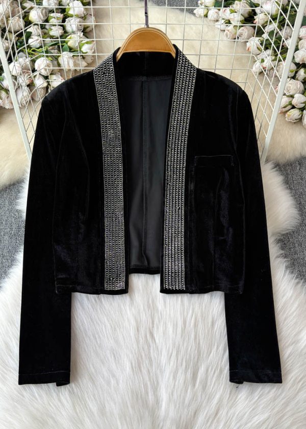 Boutique Black Patchwork Zircon Cardigans And Wide Leg Pants Two Pieces Set Spring Cheap - Image 4