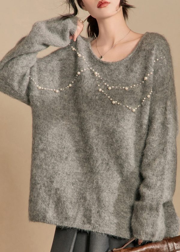Loose Grey O Neck Pearl Cotton Knit Sweaters Winter Supply - Image 4