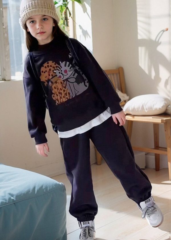 Casual Grey Print Warm Fleece Girls Sweatshirt And Lantern Pants Two Piece Set Spring Online Sale - Image 2